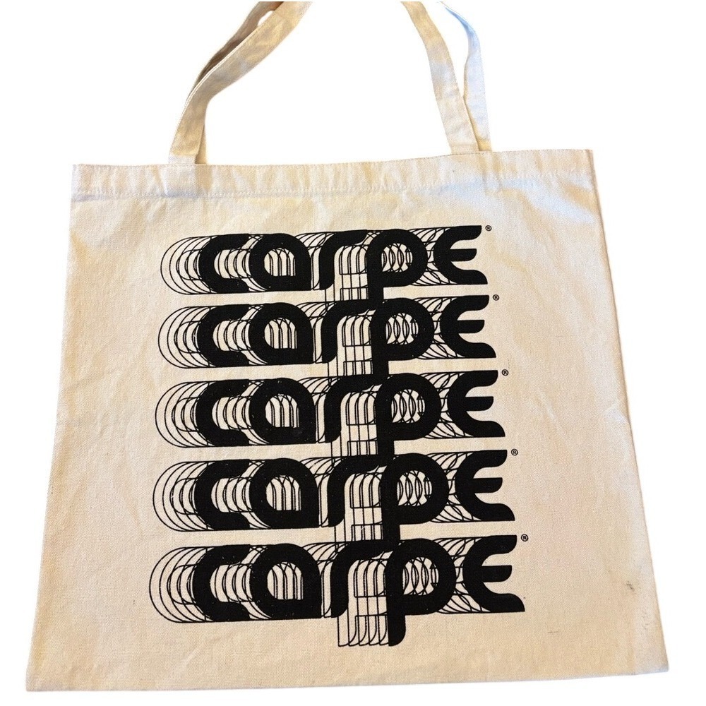 Carpe Diem Graphic Canvas Tote Bag Cream Black Repeating Typography Shoulder Bag